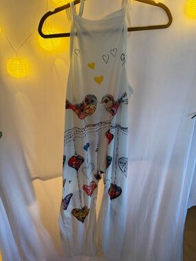 Desigual White Sleeveless Jumpsuit with Multicolor Heart & Bird Motif